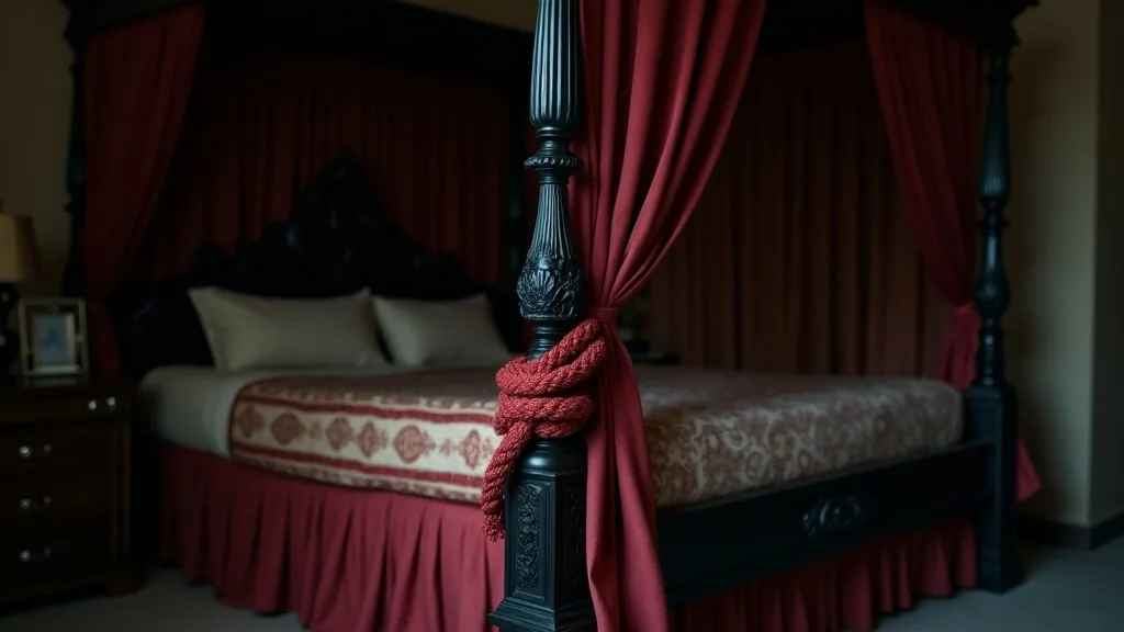 coin de lit à baldaquin noir, canopée de satin et corde rouge enroulée a Strasbourg