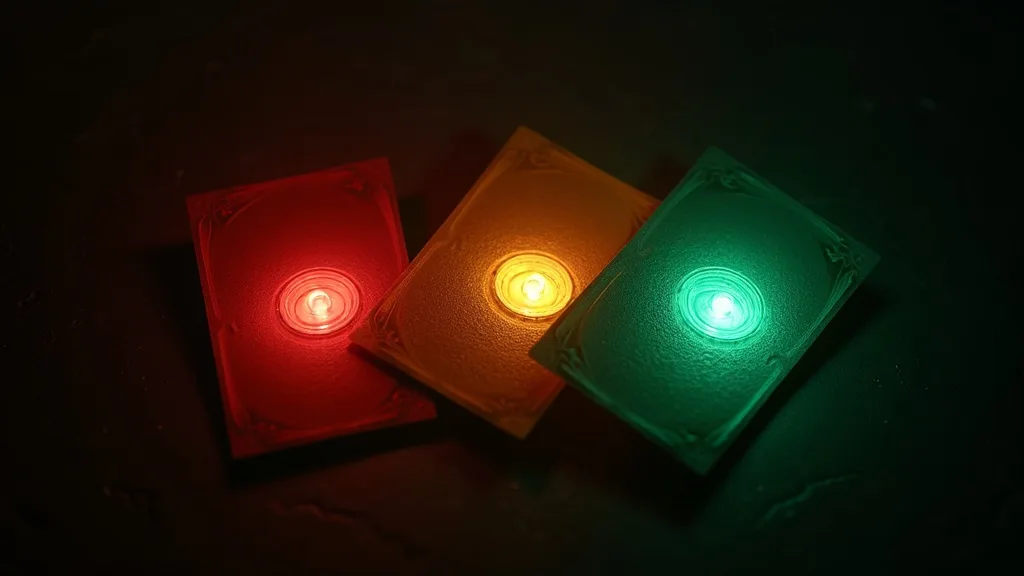 trois cartes feu-rouge rouge orange vert etalees sur ardoise sombre a Strasbourg