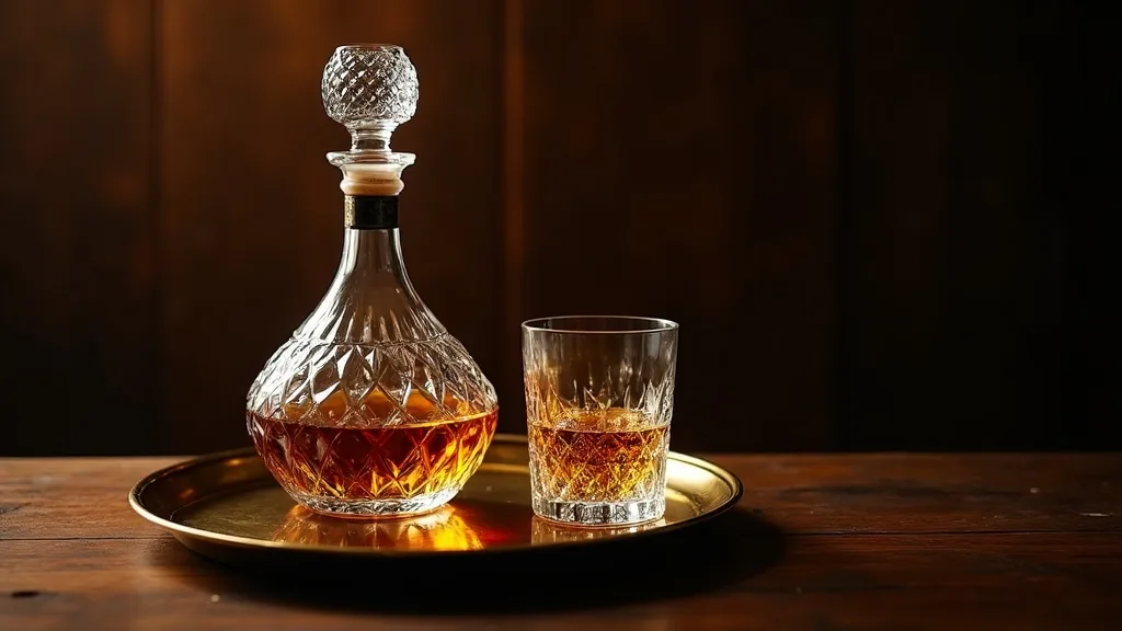 décanteur de whisky en cristal et verre sur plateau de laiton a Strasbourg