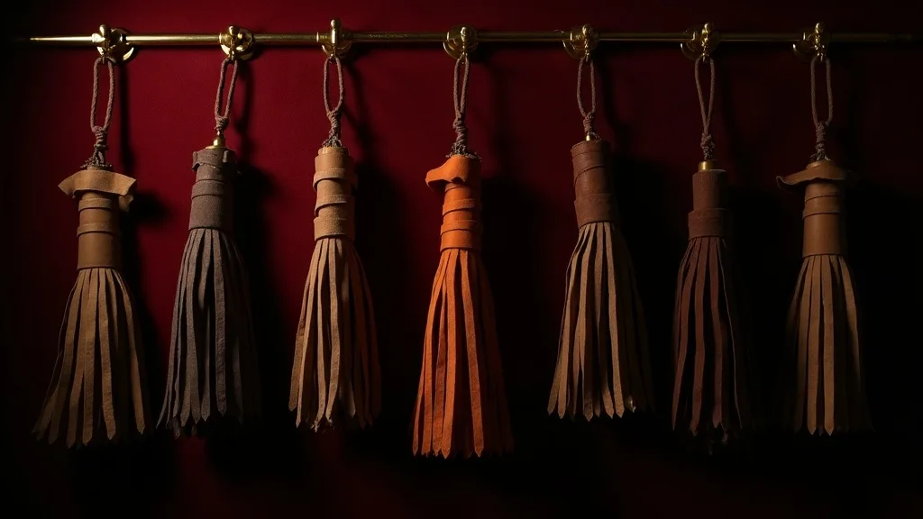 rangée de cinq martinets de daim et cuir suspendus à des crochets de laiton a Strasbourg
